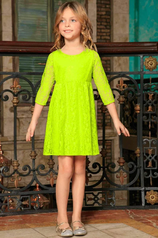 Bright Neon Yellow Stretchy Lace 3/4 Sleeve Empire Waist Dress - Girls