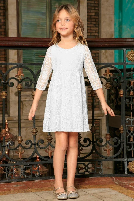 White Stretchy Lace Empire Waist Three-Quarter Sleeve Dress - Girls