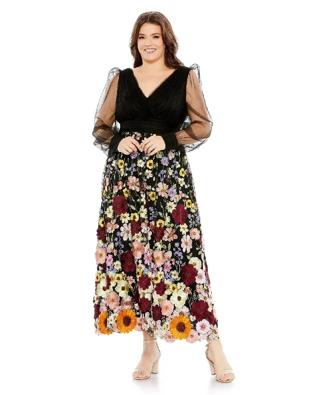 Mac Duggal 68205 Fabulouss Plus Size Floral Tea Length Dress