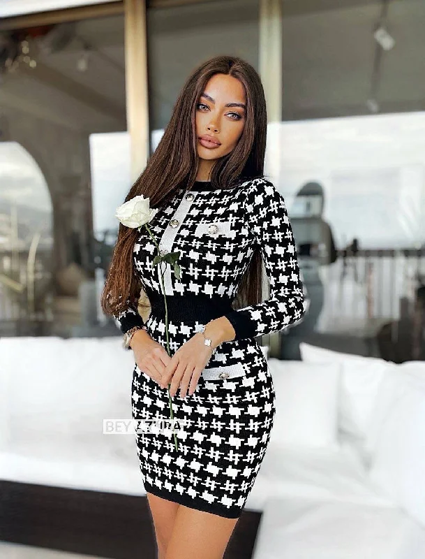 Houndstooth Tweed Knit Bodycon Dress