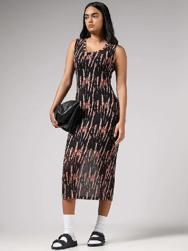 Nuon Black Abstract Printed Mesh Bodycon Dress