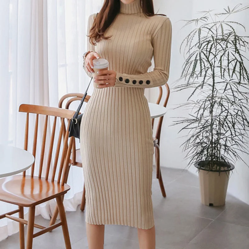 Sexy Bodycon Solid Dress Turtleneck Long